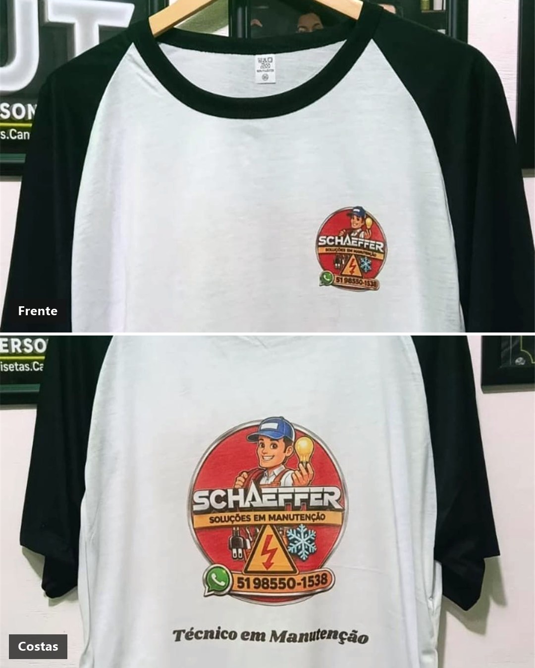 Camiseta raglan branca com mangas pretas vista de frente, com a logo pequena no peito, e de costas, com a logo grande de uma empresa de manutenção e o texto Técnico em Manutenção