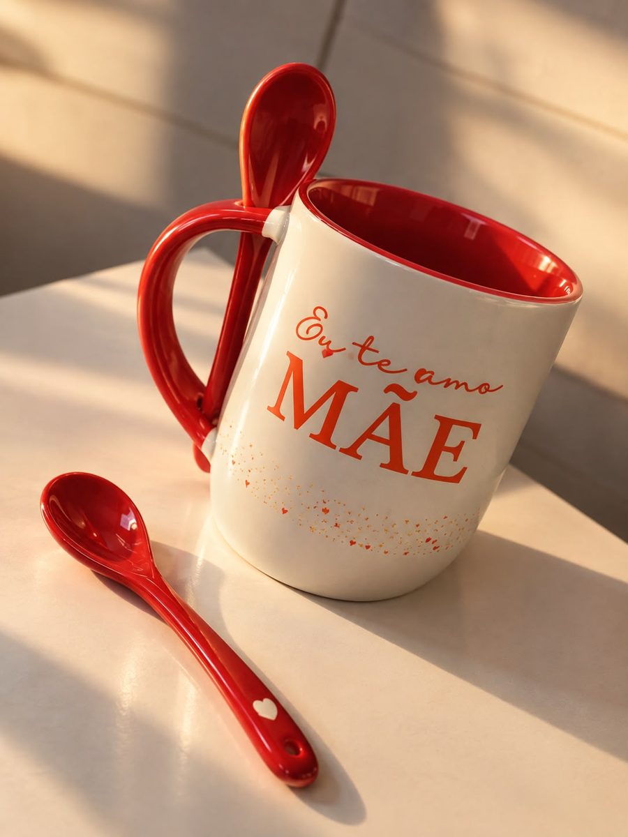 Caneca branca com interior vermelho, colher de cerâmica e a frase Eu te amo MÃE